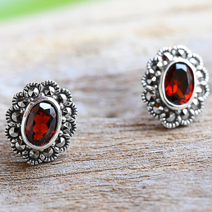 Red Lotus Flowers Garnet and Marcasite Stud Earrings from Thailand