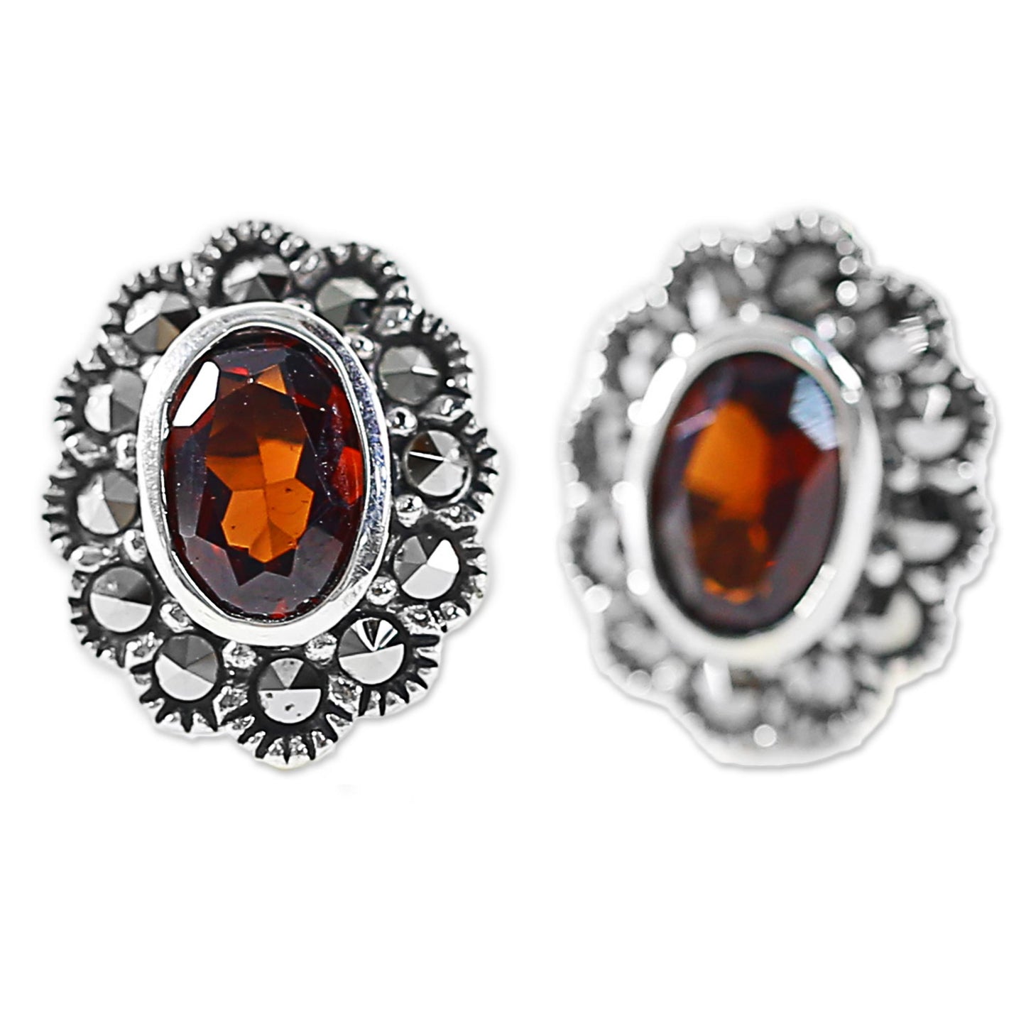 Red Lotus Flowers Garnet and Marcasite Stud Earrings from Thailand