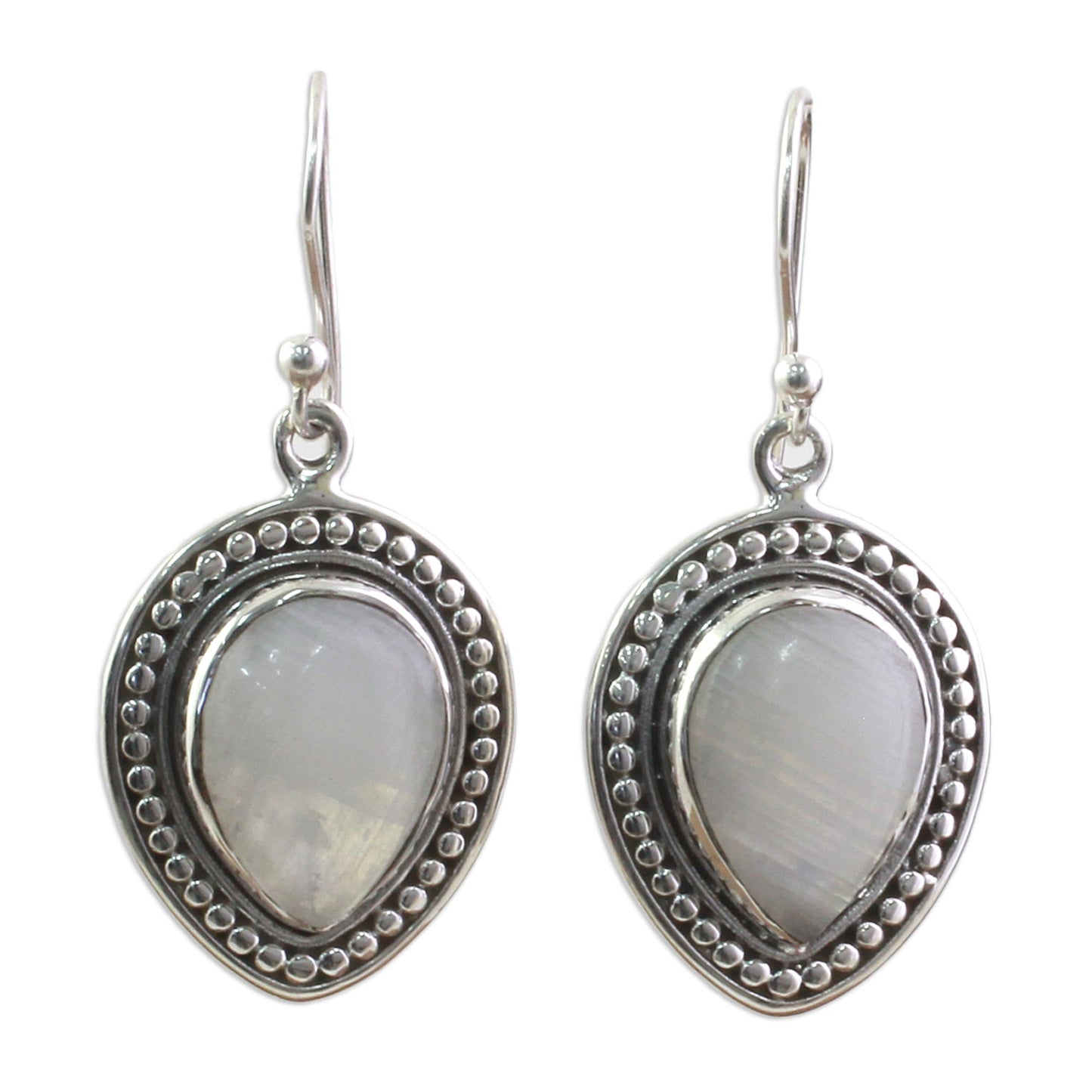 Gleaming Petals Sterling Silver Rainbow Moonstone Dangle Earrings from India