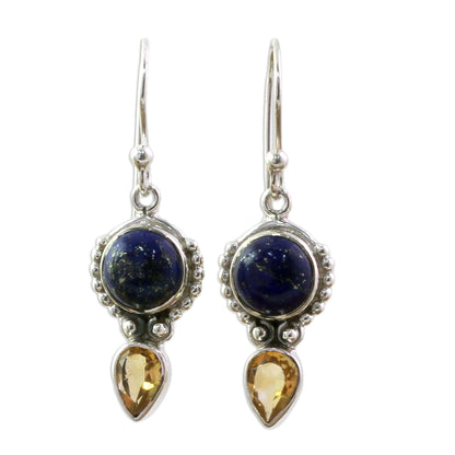 Indian Dew Handmade Citrine Lapis Lazuli Dangle Earrings from India