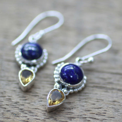 Indian Dew Handmade Citrine Lapis Lazuli Dangle Earrings from India