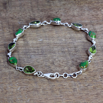 Sunny Drops in Green Peridot Composite Turquoise Link Bracelet from India