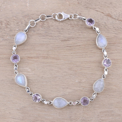 Misty Lilac Handmade Amethyst Rainbow Moonstone Link Bracelet from India