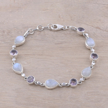 Misty Lilac Handmade Amethyst Rainbow Moonstone Link Bracelet from India