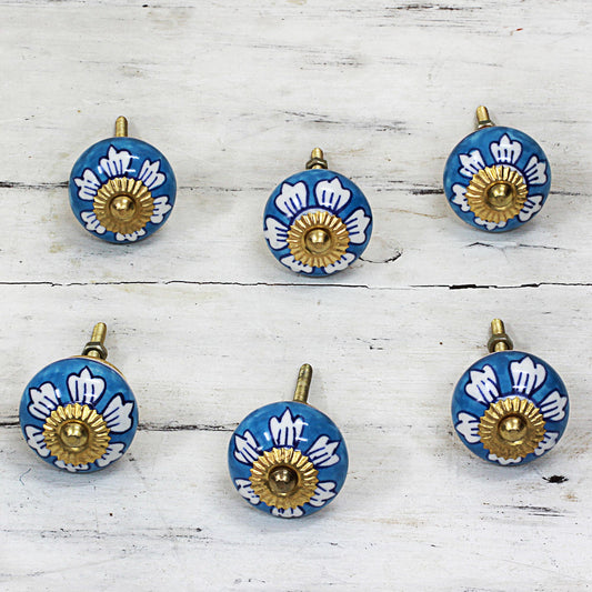 Blue Flowers Ceramic Cabinet Knobs Floral Blue White (Set of 6) India