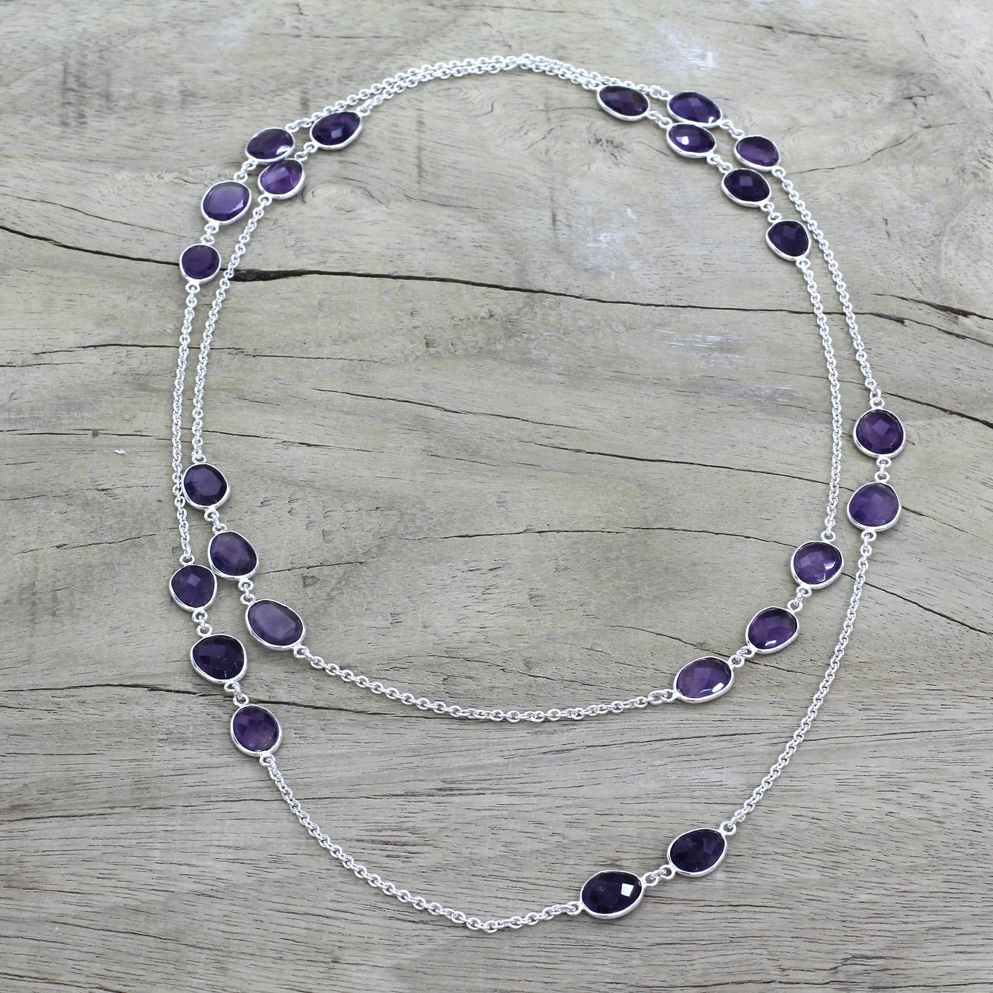 Violet Princess Amethyst Sterling Silver Long Necklace Handmade in India