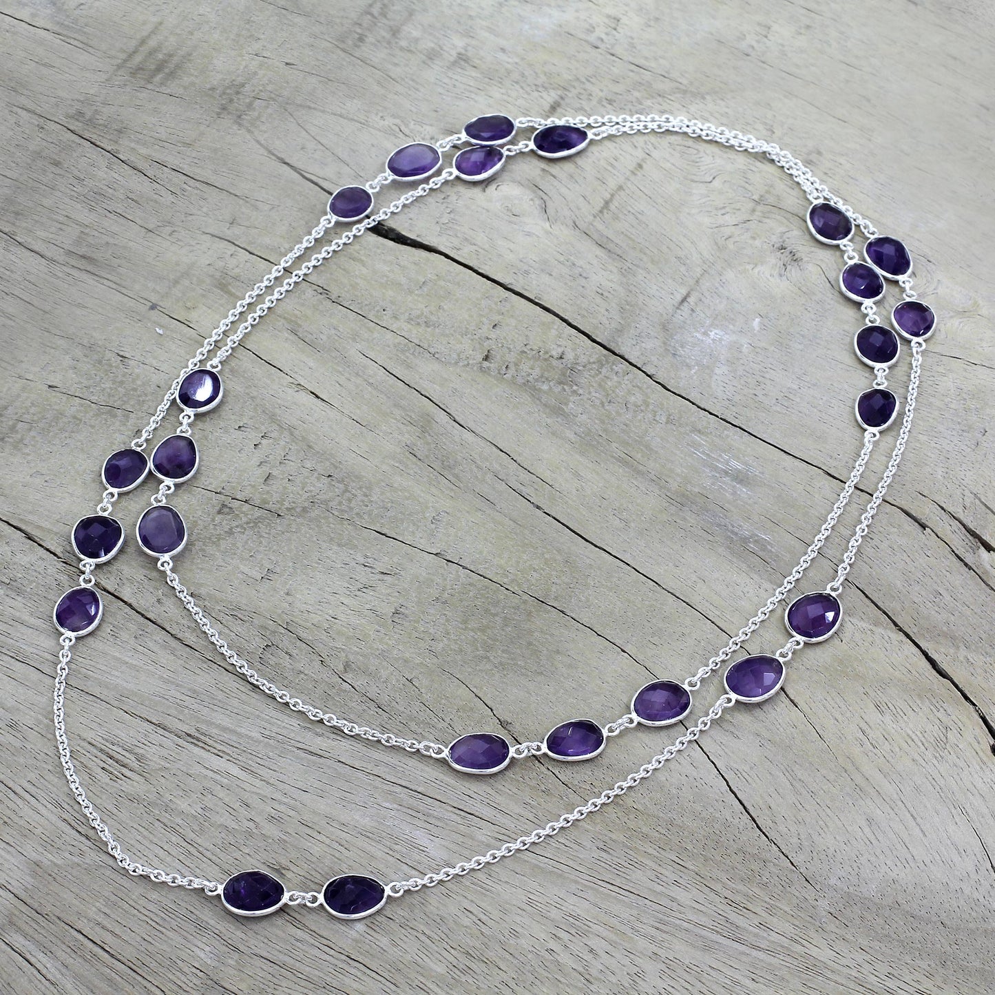 Violet Princess Amethyst Sterling Silver Long Necklace Handmade in India