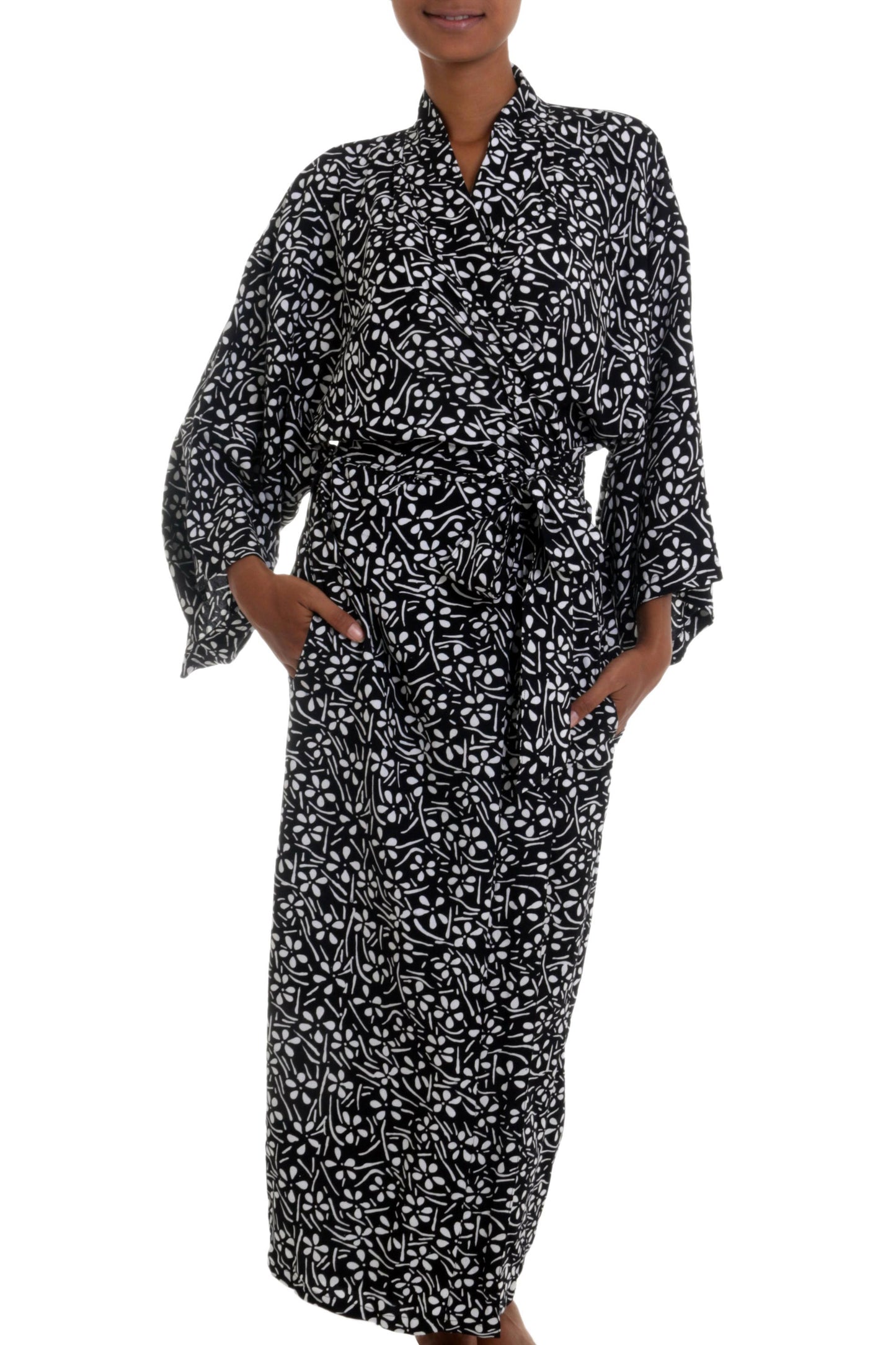 Simple Luxury Black and White Floral Rayon Robe from Indonesia Artisan