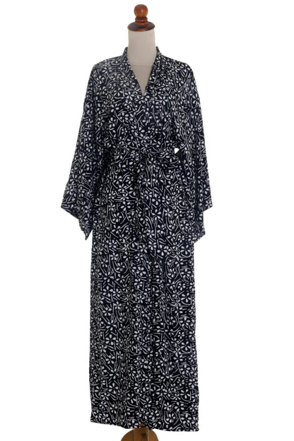 Simple Luxury Black and White Floral Rayon Robe from Indonesia Artisan