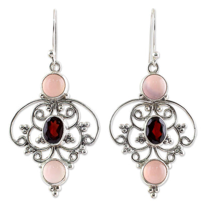 Glistening Jaipur Sterling Silver Garnet Chalcedony Dangle Earrings from India