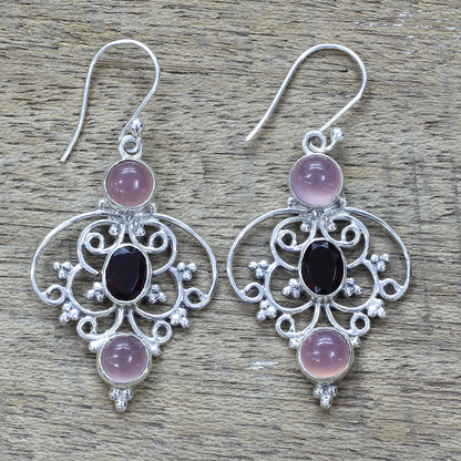 Glistening Jaipur Sterling Silver Garnet Chalcedony Dangle Earrings from India