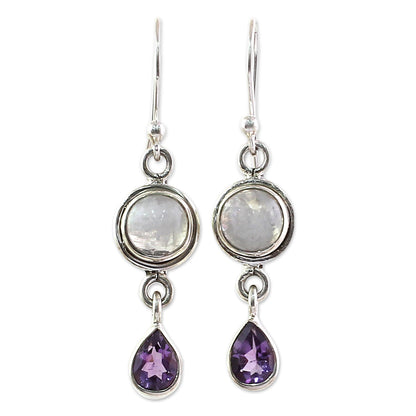 Purple Droplets Amethyst Rainbow Moonstone Dangle Earrings from India