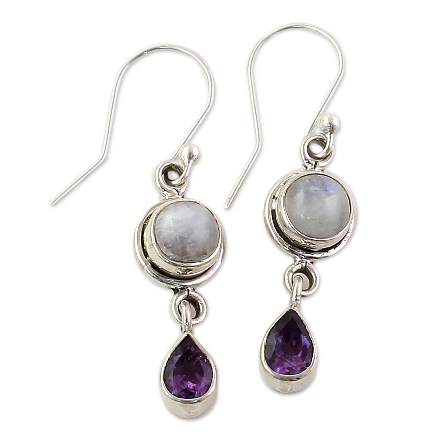 Purple Droplets Amethyst Rainbow Moonstone Dangle Earrings from India