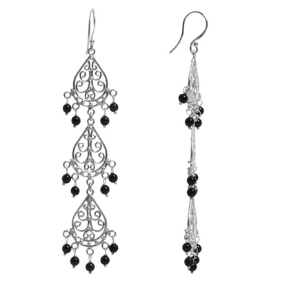 Serene Dawn Sterling Silver Onyx Dangle Earrings from Indonesia