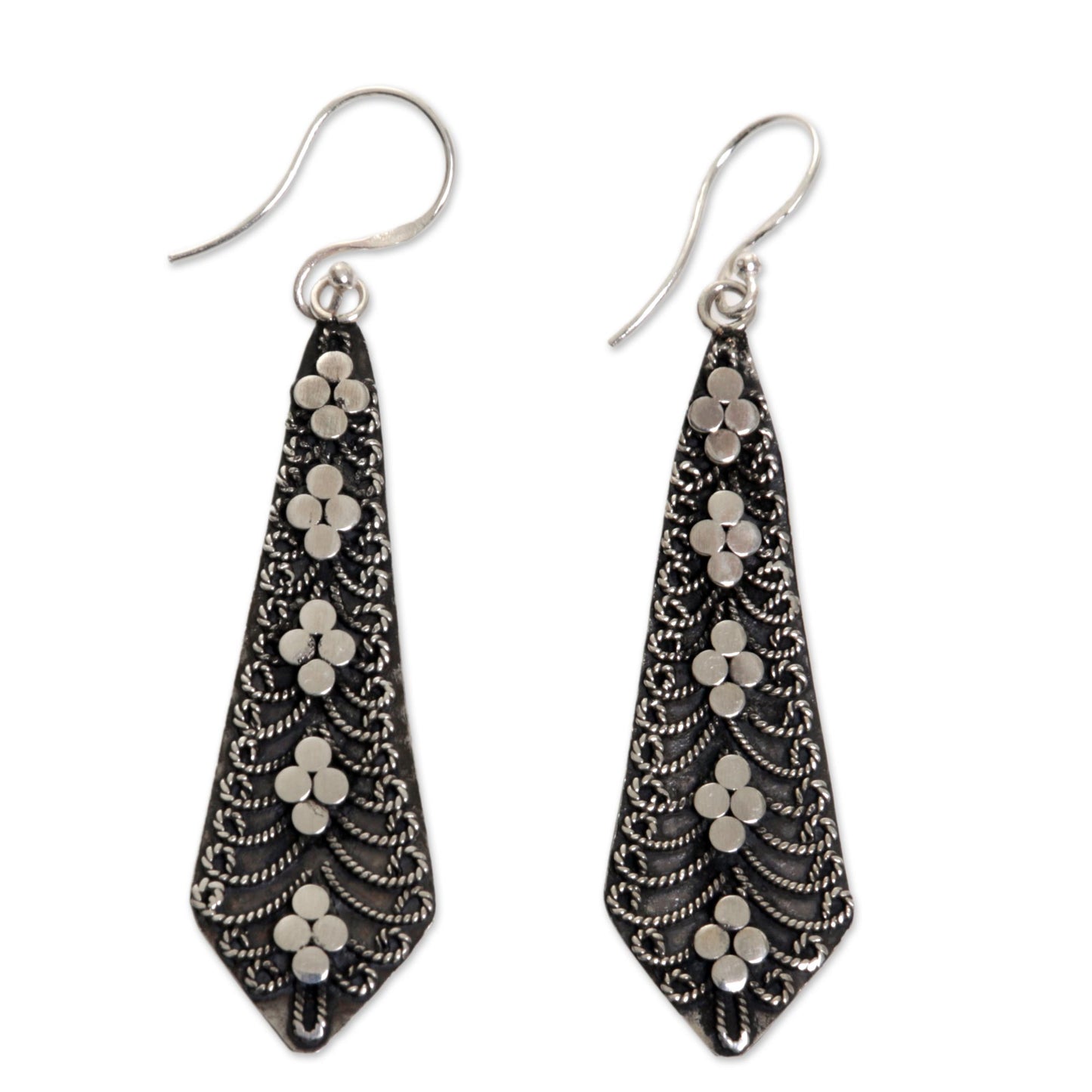 Flower Sword Dangling Silver Earrings Adorned With Balinese Motifs