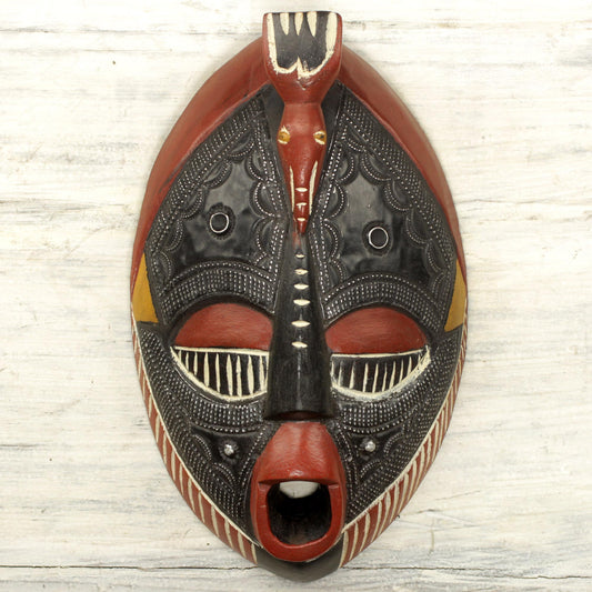 The Town Crier Aluminum and Sese Wood African Carved Mask of a Town Crier