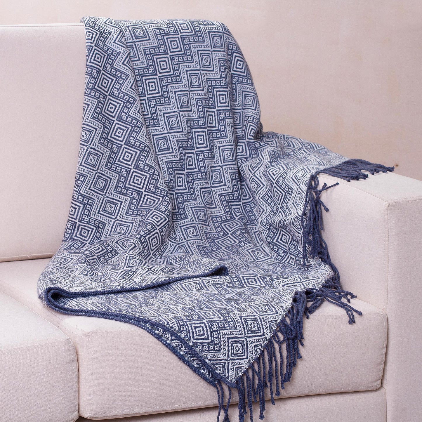 Prussian Blue Destiny Alpaca Acrylic Blanket Fringe Prussian Blue Eggshell Peru