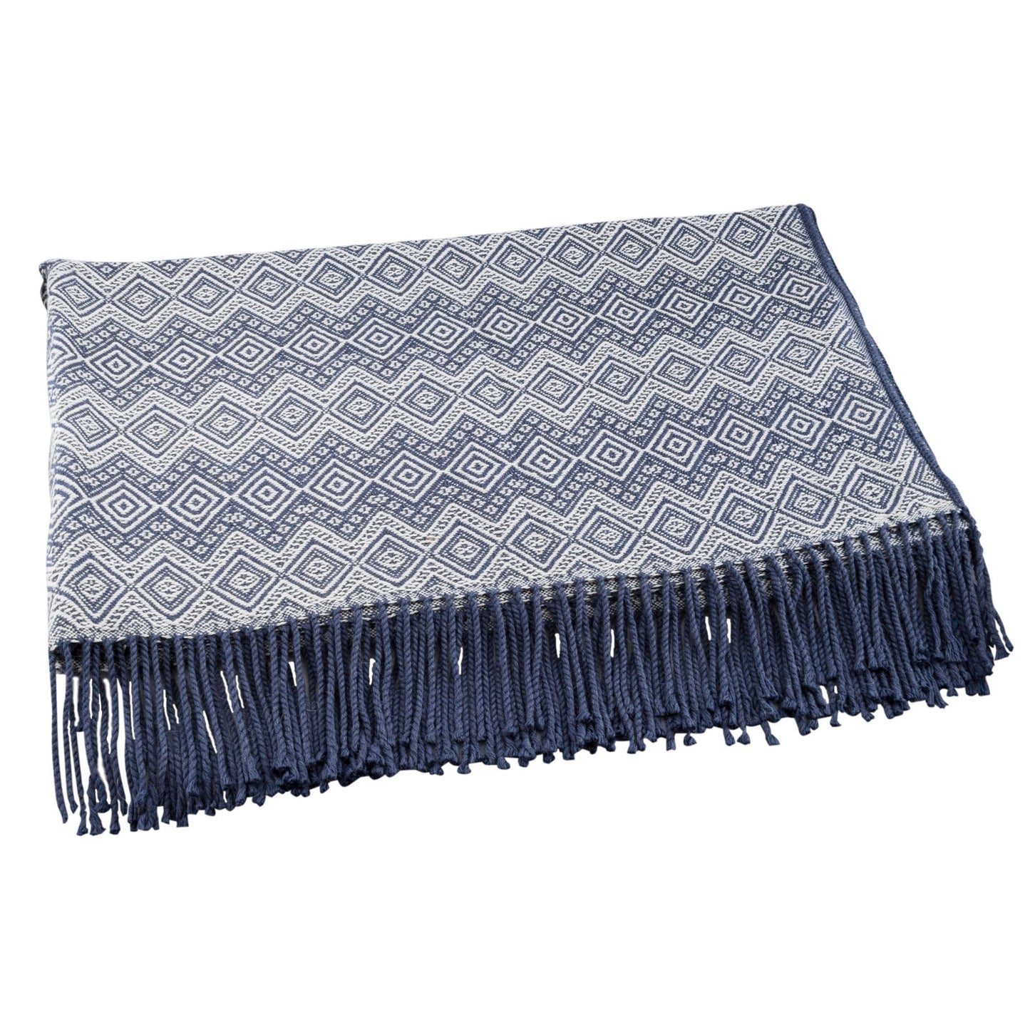 Prussian Blue Destiny Alpaca Acrylic Blanket Fringe Prussian Blue Eggshell Peru