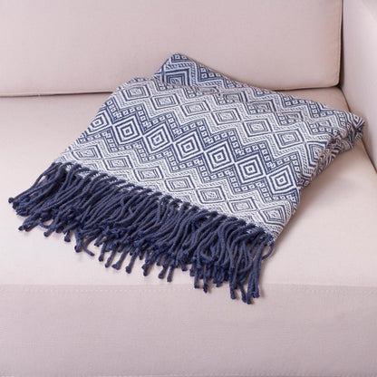 Prussian Blue Destiny Alpaca Acrylic Blanket Fringe Prussian Blue Eggshell Peru