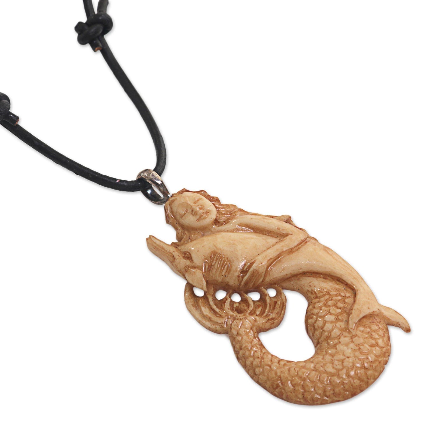 Mermaid & Dolphin Hand-Carved Pendant Necklace