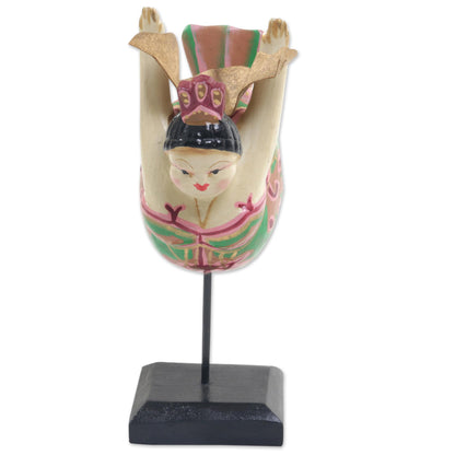 Flying Lady in Green Hand Carved Wood Sculpture Flying Woman Green Indonesia