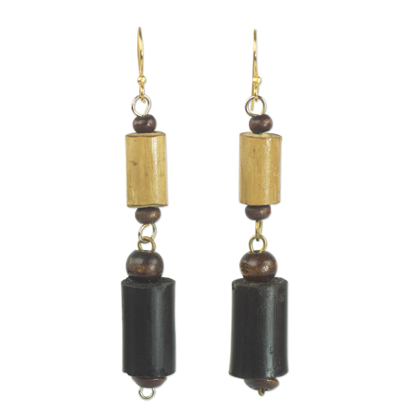 African Homestead Bamboo and Sese Wood Dangle Earrings Brass Hooks from Ghana