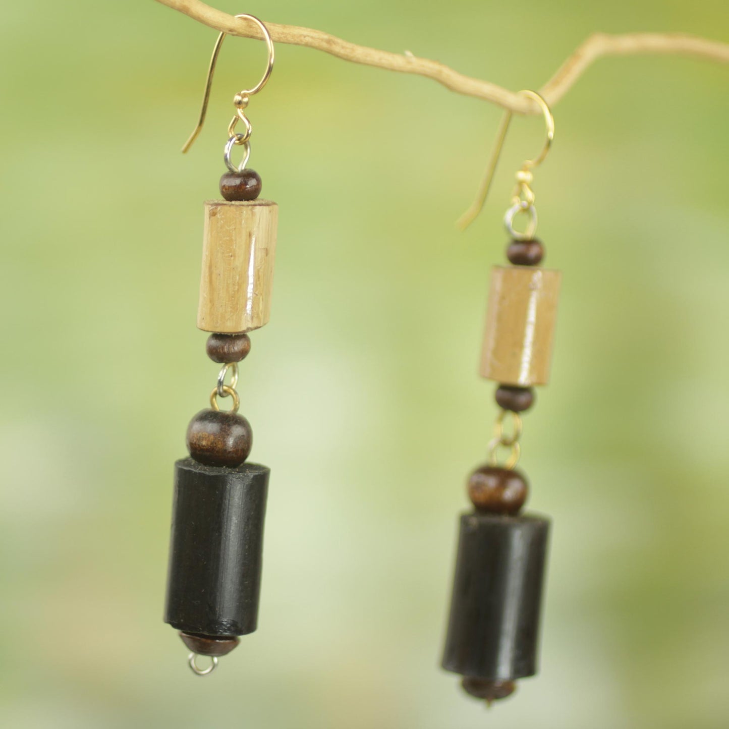 African Homestead Bamboo and Sese Wood Dangle Earrings Brass Hooks from Ghana