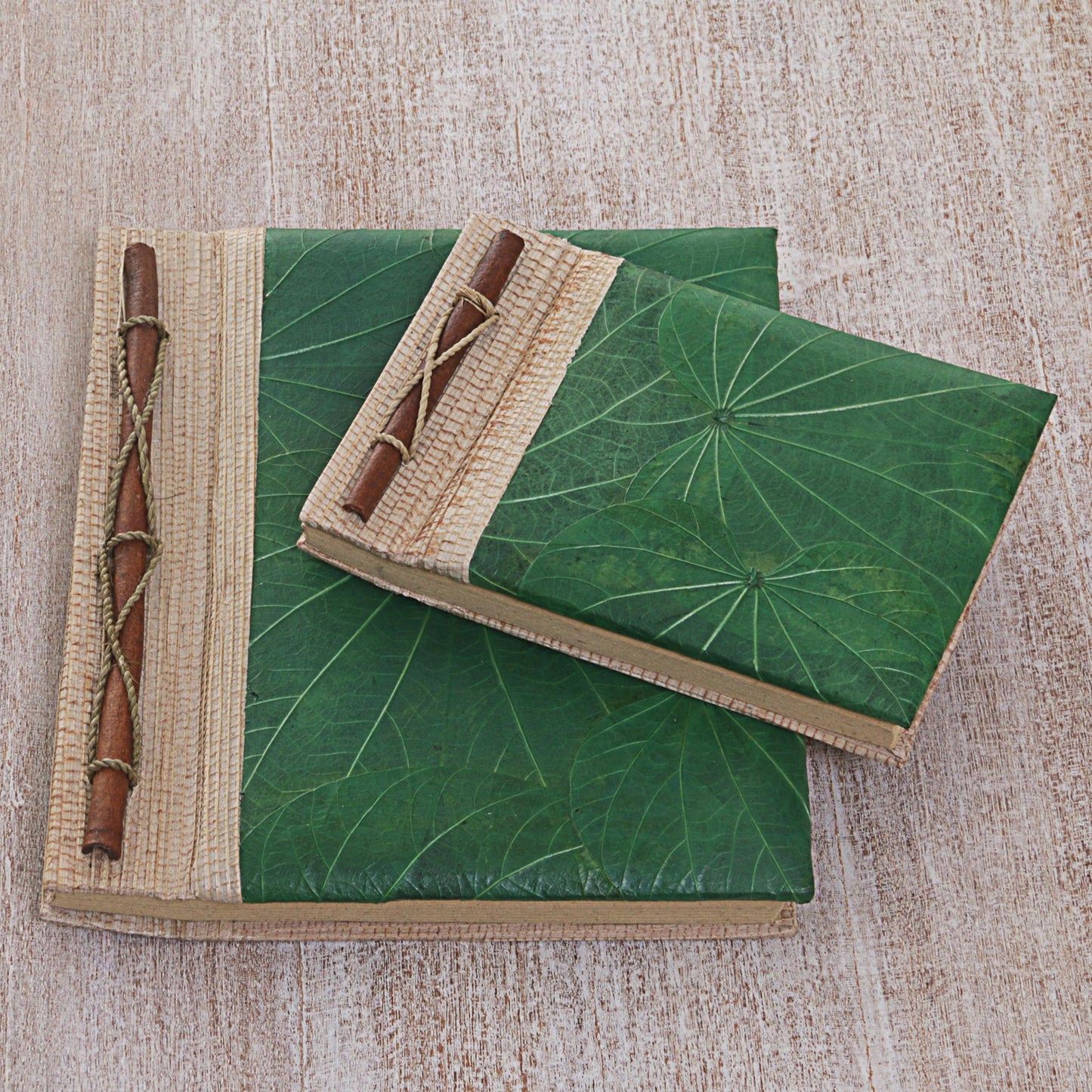 Autumn Spirit in Green Handcrafted Pair of Rice Paper Notebooks from Indonesia