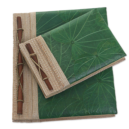 Autumn Spirit in Green Handcrafted Pair of Rice Paper Notebooks from Indonesia