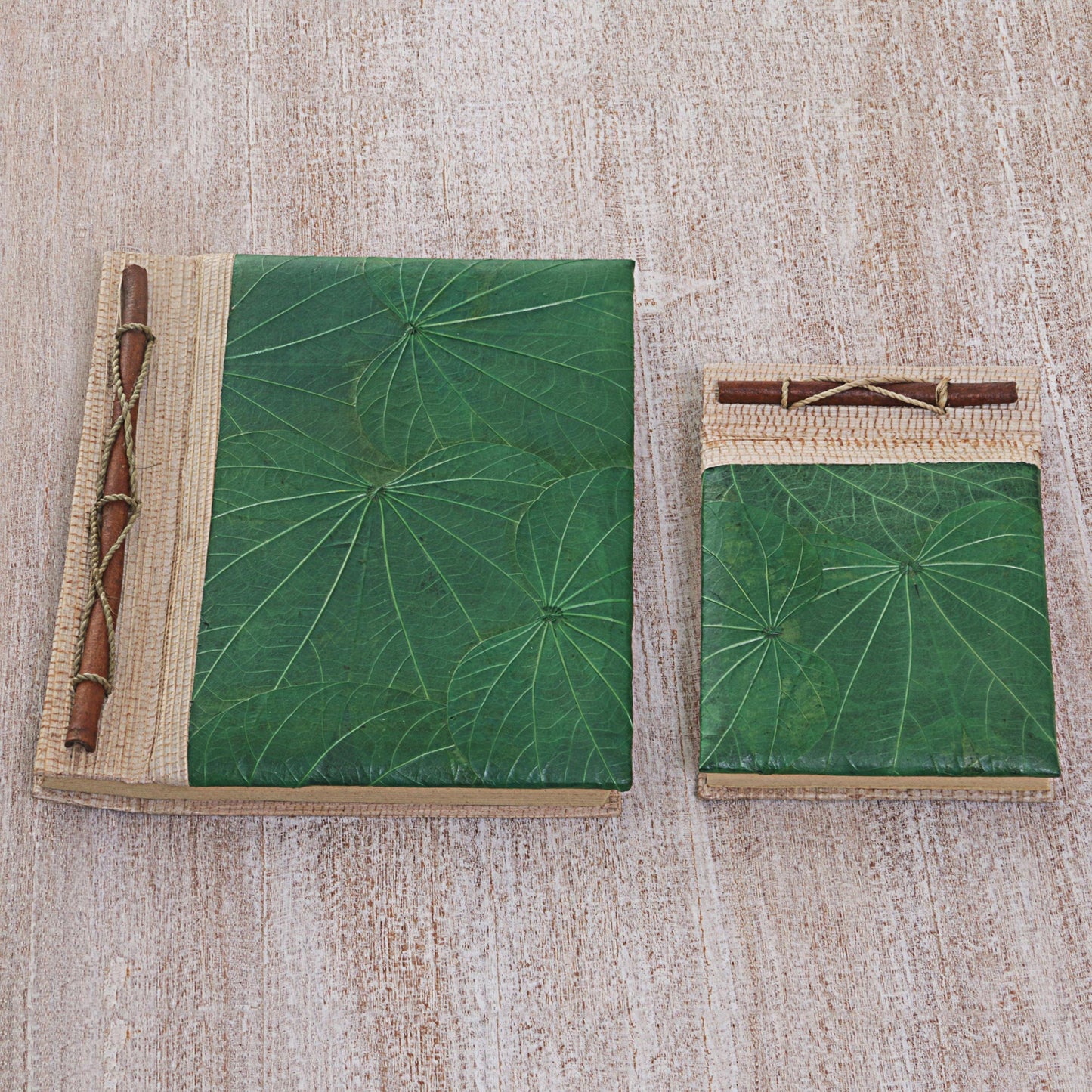 Autumn Spirit in Green Handcrafted Pair of Rice Paper Notebooks from Indonesia