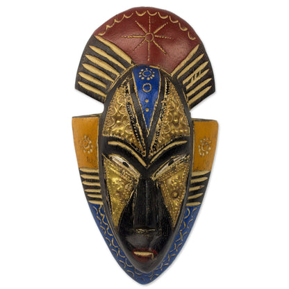 Painted Red and Blue Hand Carved Ghanaian Wood Wall Mask, 'Opeyemi'