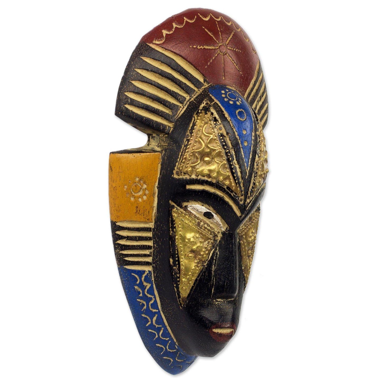 Painted Red and Blue Hand Carved Ghanaian Wood Wall Mask, 'Opeyemi'