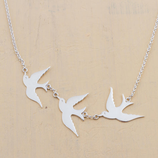 Three Doves Sterling Silver Pendant Necklace with 3 Birds from Peru