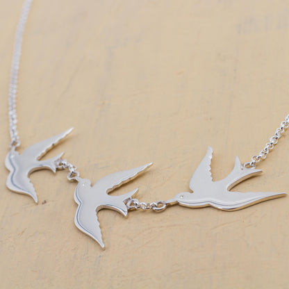 Three Doves Sterling Silver Pendant Necklace with 3 Birds from Peru