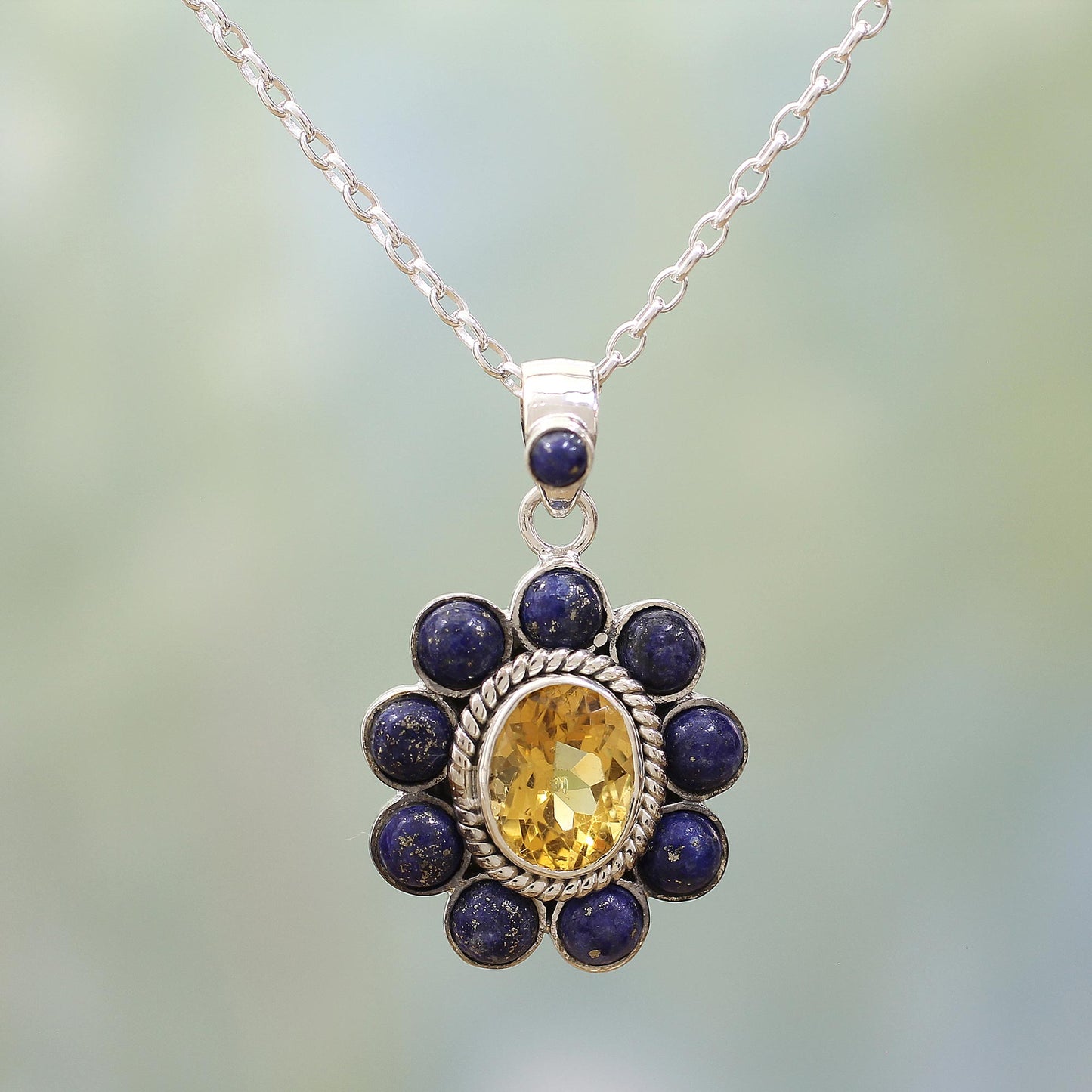 Sunny Blue Citrine Lapiz Lazuli Sterling Silver Necklace NOVICA India