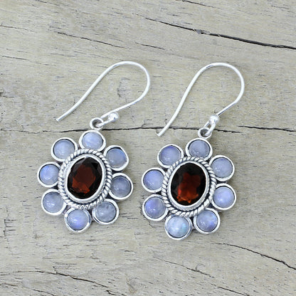 Pure Radiance Rainbow Moonstone Garnet Sterling Silver Dangle Earrings