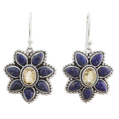 Geranium Blossoms Lapis Lazuli Citrine Floral Dangle Earrings from India