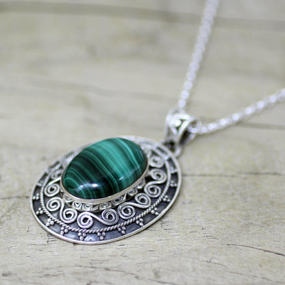 Mystical Beauty Handcrafted Sterling Silver and Malachite Pendant Necklace