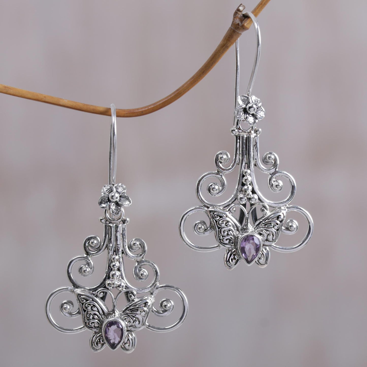 Resting Butterfly Amethyst Sterling Silver Butterfly Dangle Earrings Indonesia