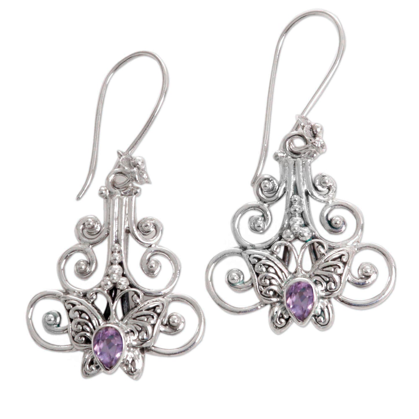 Resting Butterfly Amethyst Sterling Silver Butterfly Dangle Earrings Indonesia