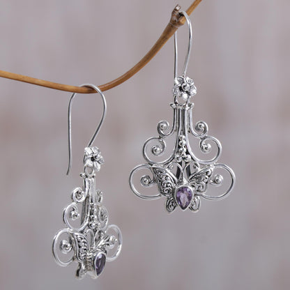 Resting Butterfly Amethyst Sterling Silver Butterfly Dangle Earrings Indonesia