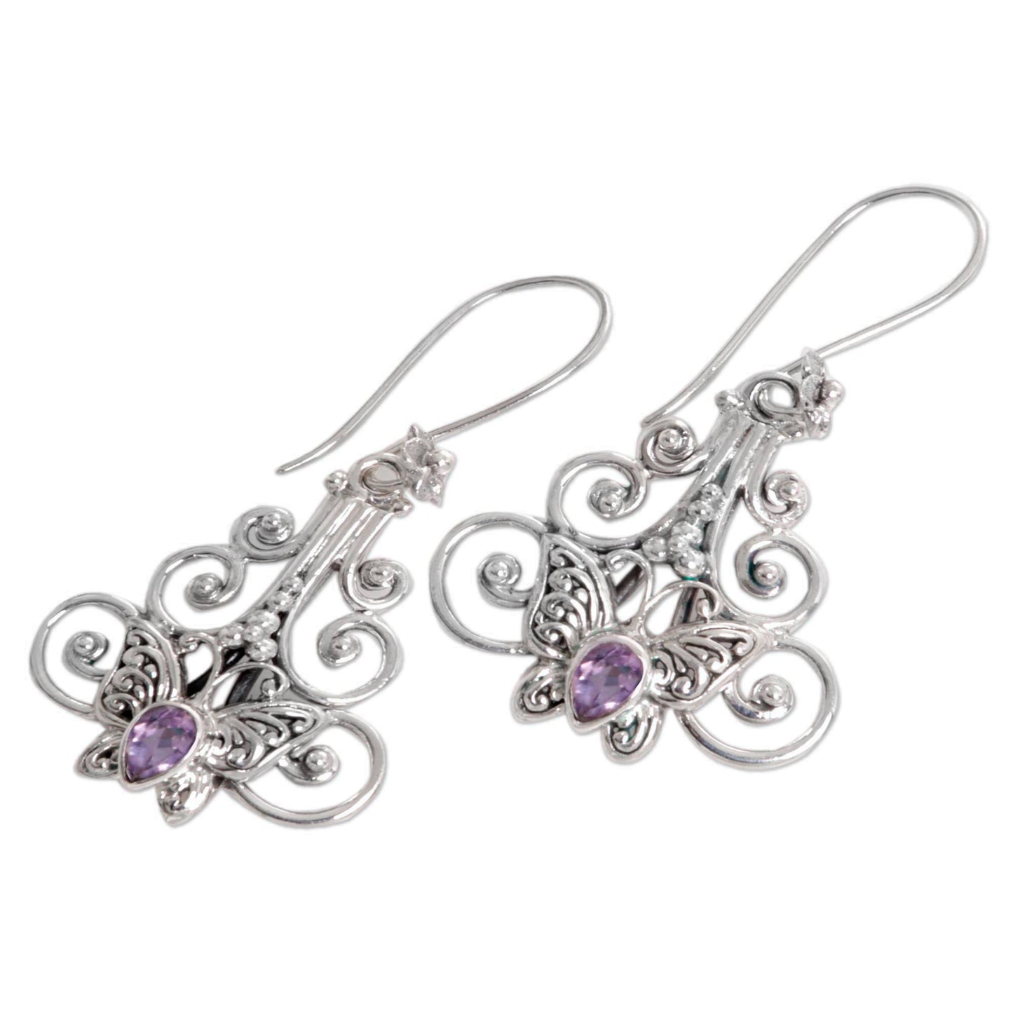 Resting Butterfly Amethyst Sterling Silver Butterfly Dangle Earrings Indonesia