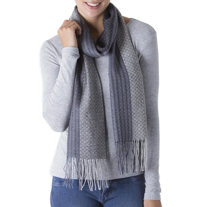 Soft Texture in Grey Hand Woven Baby Alpaca Silk Blend Grey Scarf from Peru