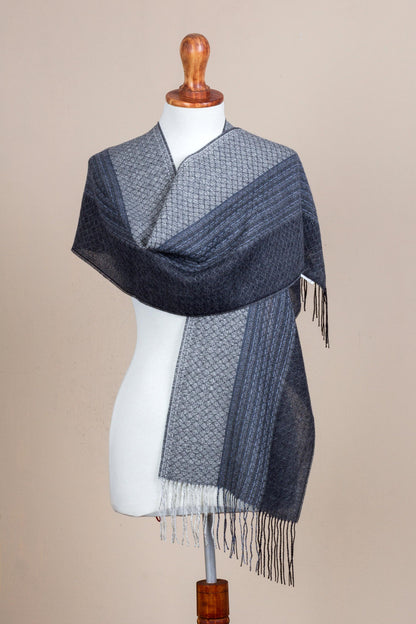 Soft Texture in Grey Hand Woven Baby Alpaca Silk Blend Grey Scarf from Peru