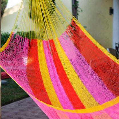 Candy Delight Hand Woven Nylon Pink Yellow Hammock (Single) from Mexico