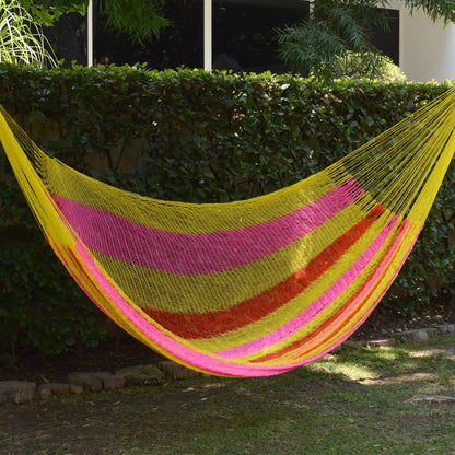 Candy Delight Hand Woven Nylon Pink Yellow Hammock (Double) from Mexico