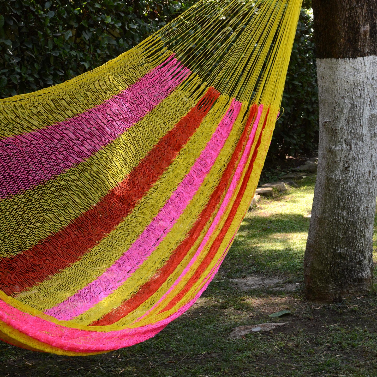 Candy Delight Hand Woven Nylon Pink Yellow Hammock (Double) from Mexico