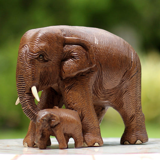 Love and Care in Brown Brown Teak Wood Sculpture of Mother and Child Thai Elephants