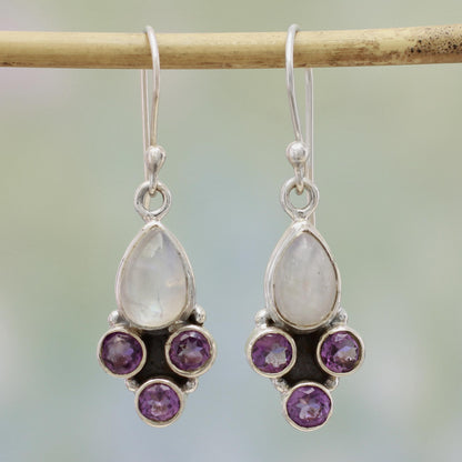 Enthralling Sky in Purple Rainbow Moonstone and Amethyst Dangle Earrings from India