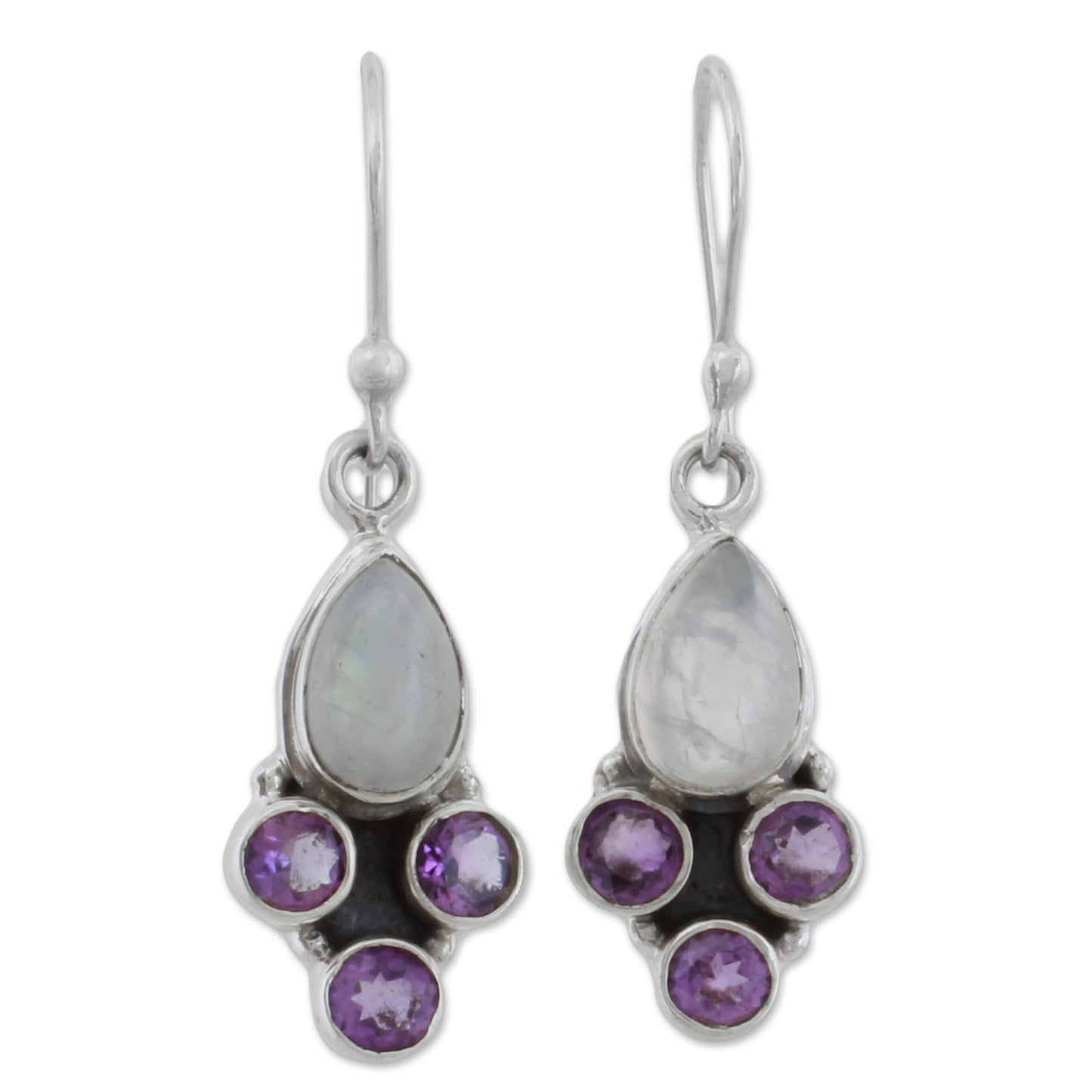 Enthralling Sky in Purple Rainbow Moonstone and Amethyst Dangle Earrings from India